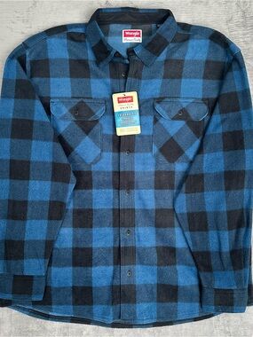 Wrangler Mens XL Blue Black Plaid Fleece Lined Flannel Barn Shirt NWT